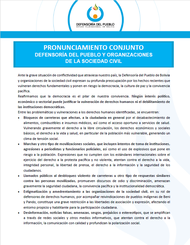 PRONUNCIAMIENTO CONJUNTO  DEFENSORÍA DEL PUEBLO Y ORGANIZACIONES DE LA SOCIEDAD CIVIL